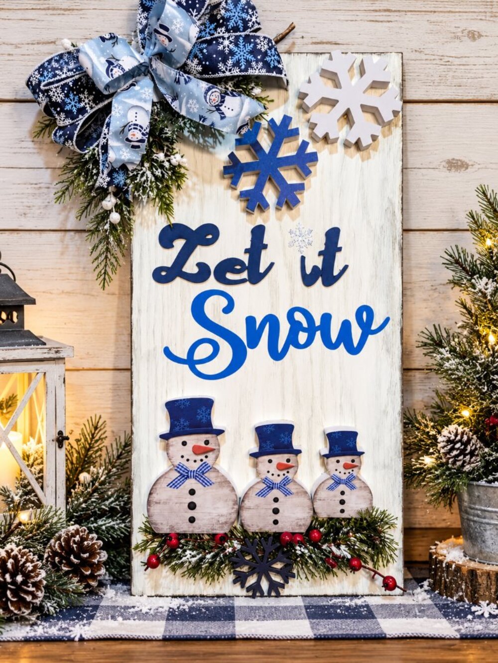 Oak Wood Let It Snow Winter Wall Decor Snowman Christmas Sign Handmade